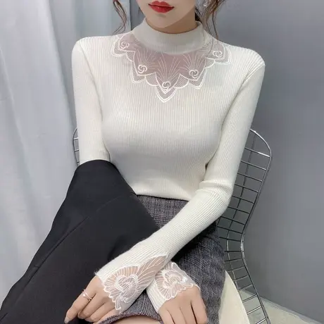 蕾丝打底衫女长袖网纱内搭秋冬2023年新款洋气毛衣套头针织衫百搭图片