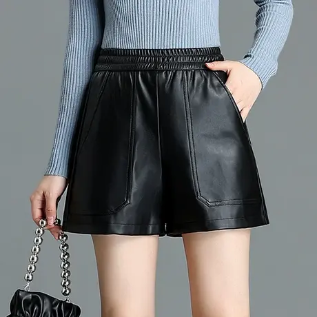 松紧腰a字皮短裤女春秋2023新款阔腿裤外穿时尚显瘦休闲皮裤靴裤商品大图