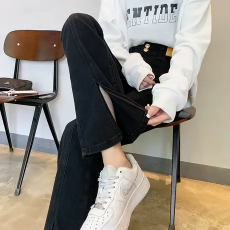 阔腿牛仔裤女春装2023年新款高腰显瘦开叉黑色微喇叭裤子女春秋季商品大图