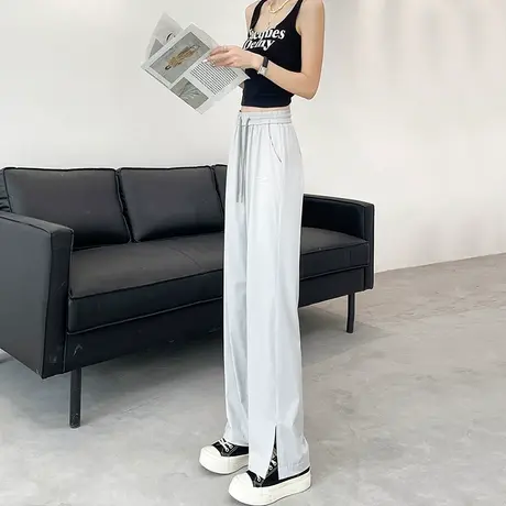 银灰色开叉阔腿裤女速干夏季薄款高腰垂感窄版显瘦冰丝休闲拖地裤图片