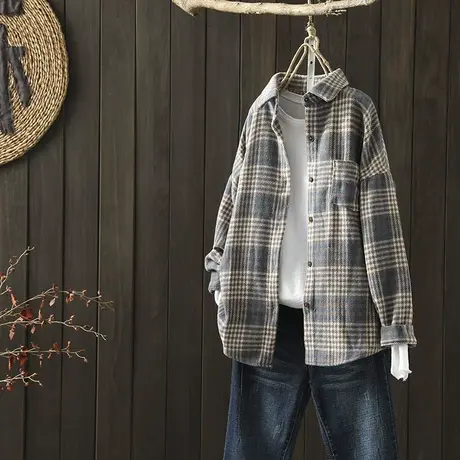 枫谜2020年秋冬新款文艺简约毛呢格子衬衫女韩版宽松加厚衬衣外套图片