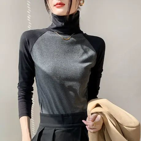 高领长袖t恤女2023春季新款插肩撞色拼接上衣修身西装内搭打底衫商品大图