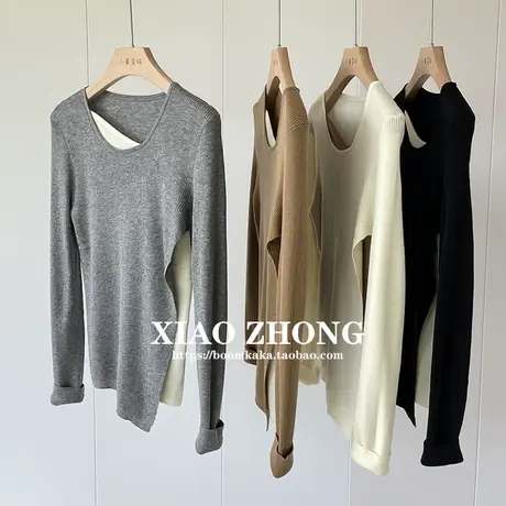 欧货小众假两件侧开叉打底衫，斜领拼接修身显瘦羊毛针织衫女秋冬图片