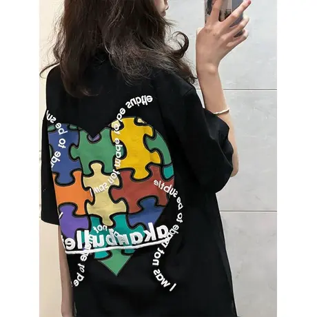 夏季百搭黑色纯棉原宿风t恤女大码2023新款国潮短袖ins宽松上衣图片