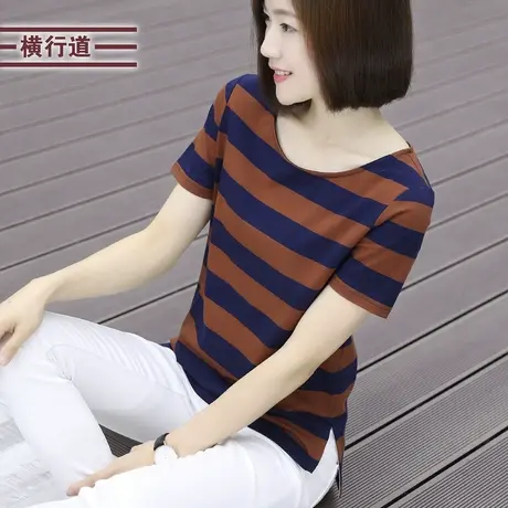 2025夏装条纹上衣短袖t恤女装宽松打底衫大码体恤妈妈装中年半袖商品大图