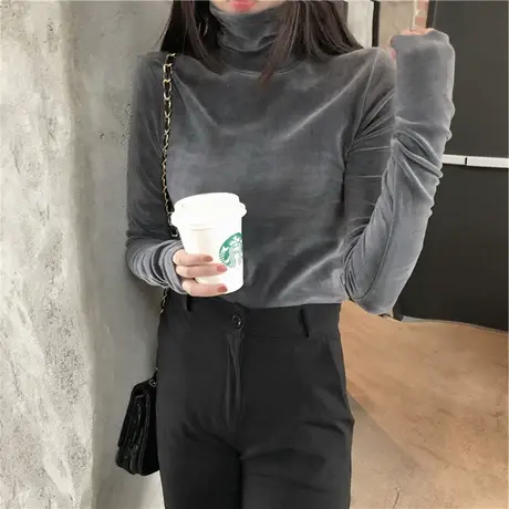 高领德绒黑色打底衫女长袖T恤2024秋冬内搭秋衣加绒加厚保暖上衣图片