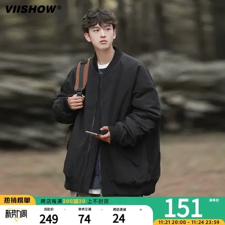 VIISHOW刺绣拼色棉衣男两面穿日系复古秋冬季新品潮牌宽松外套商品大图