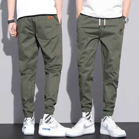 春季纯棉军绿色男裤子工装休闲裤男士九分宽松束脚春秋款夏季薄款商品大图