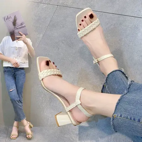 凉鞋女2023年新款夏季百搭不累脚时装中空仙女配裙子一字带高跟鞋商品大图