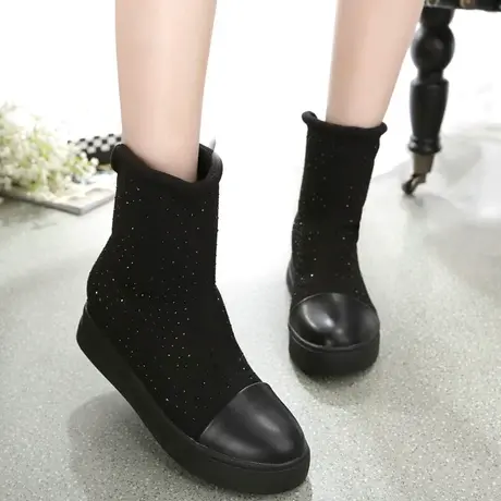春秋瘦腿女靴短筒马丁靴厚底松糕底弹力靴内增高短靴韩版潮单靴商品大图