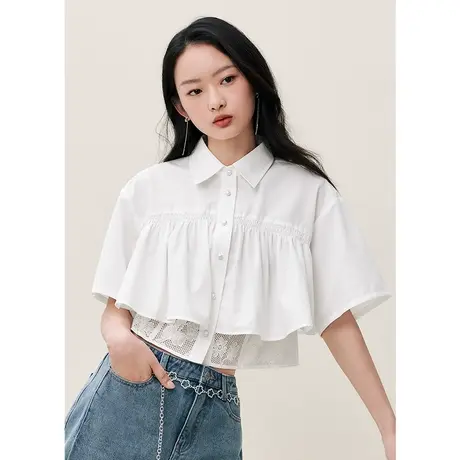 miss COCOON蕾丝拼接假两件短袖衬衫上衣女2023新款夏季轻薄衬衣商品大图