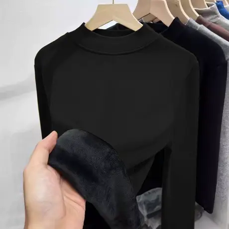 黑色长袖打底衫2023新款加绒秋冬保暖上衣潮ins大码半高领内搭女商品大图