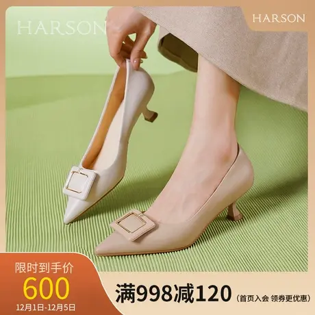 哈森单鞋女2024春季新款优雅尖头细跟通勤单鞋中跟皮鞋HS242507商品大图