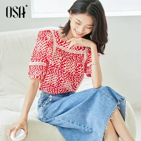 OSA欧莎法式方领蕾丝雪纺衬衫女夏季2023年新款显瘦套头气质上衣商品大图