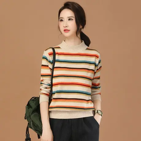 新品88折】复古条纹半高领毛衣女宽松打底针织衫内搭商品大图