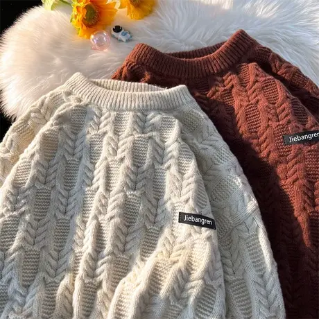 纯色毛衣男秋冬季潮牌宽松套头针织衫慵懒风日系复古情侣贴标外套图片