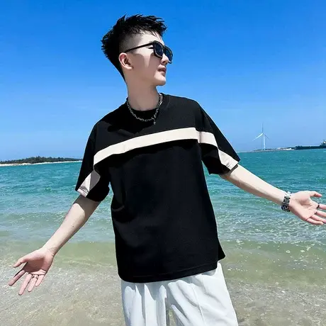2023夏季休闲拼接小众设计短袖t恤潮男潮牌宽松百搭痞帅半袖上衣商品大图