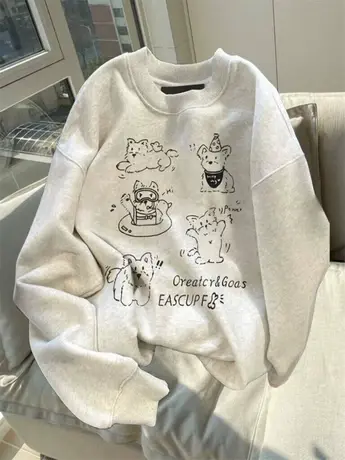 美式oversize潮牌圆领卫衣女秋冬爆款小个子加绒加厚慵懒纯棉外套商品大图