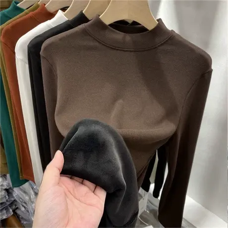 德绒半高领打底衫女加绒加厚一体绒长袖T恤秋冬内搭修身秋衣上衣商品大图