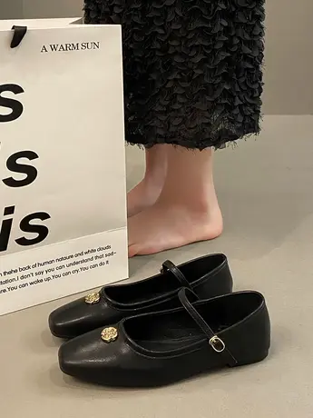 黑色浅口玛丽珍鞋平底单鞋小香风女小众设计工作鞋一字扣方头瓢鞋商品大图