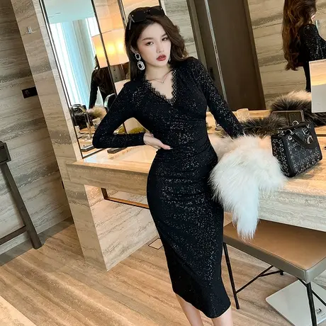 黑色年会礼服裙高端轻奢小众聚会小礼服高弹力气质修身长袖连衣裙图片