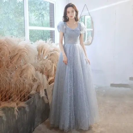 法式仙气晚礼服裙女宴会气质年会轻奢小众高端高级感蓝色声乐艺考图片