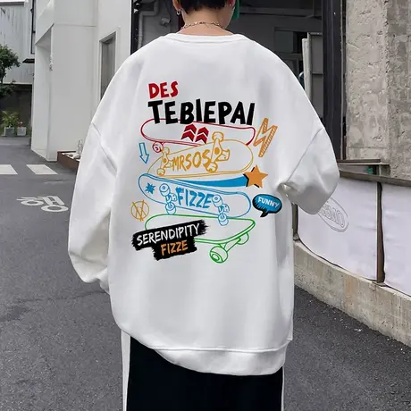 滑板印花圆领卫衣男秋冬季长袖打底衫无帽外套潮牌宽松套头上衣服商品大图
