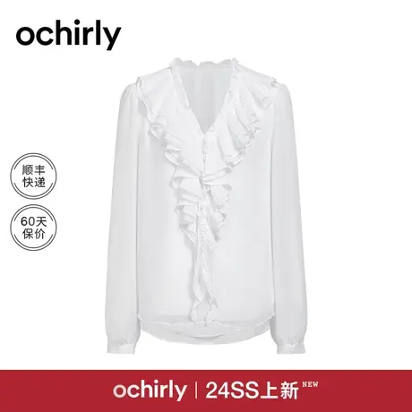 轻薄雪纺衬衫女 ochirly欧时力2024新款早春V领荷叶边上衣气质商品大图