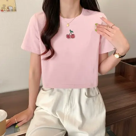 唐狮樱桃印花短袖T恤女短款辣妹夏季宽松休闲港味chic上衣ins潮图片