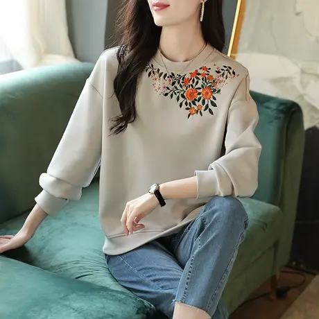 宝诗黎绣花时尚套头上衣宽松休闲2024新款圆领慵懒短款卫衣女春秋图片