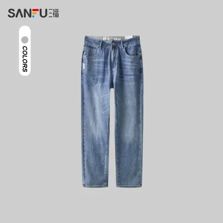 三福2024夏季男士腰头绣花牛仔裤 时尚通勤合身小脚长裤483256商品大图