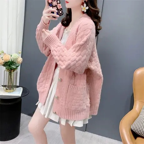 慵懒风加厚V领毛衣开衫女春季2024新款宽松洋气百搭针织外套上衣图片