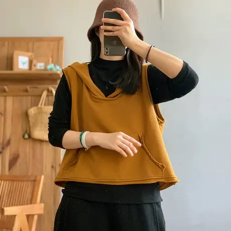 dza复古连帽内搭叠穿马甲背心女春秋新款外穿纯棉V领口袋马夹上衣图片