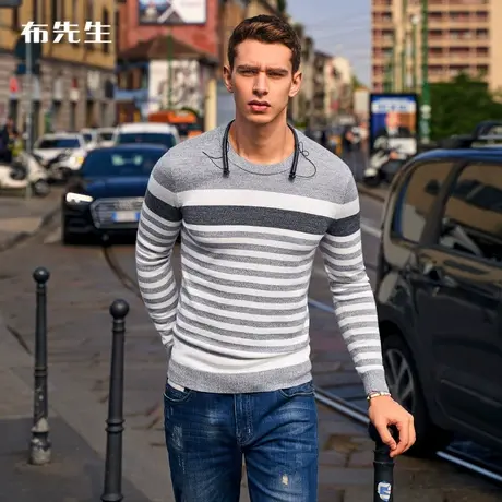 MrBu布先生圆领羊毛衫 条纹厚毛衣休闲长袖T恤男 BT10783断码商品大图