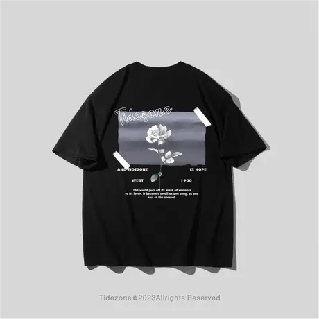 Ohlyah美式植物玫瑰油画风景重磅T恤男女短袖夏潮牌宽松半袖体恤图片