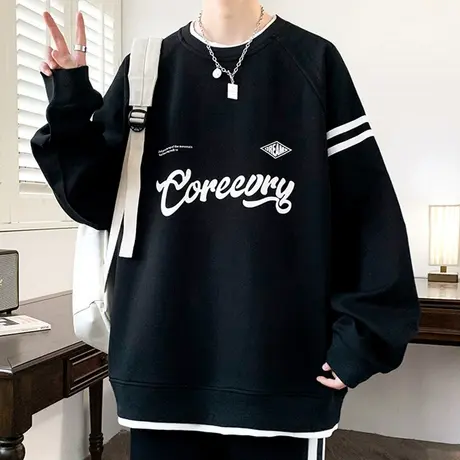 假两件卫衣男春秋款字母印花圆领长袖t恤男潮牌休闲宽松港风体恤T图片