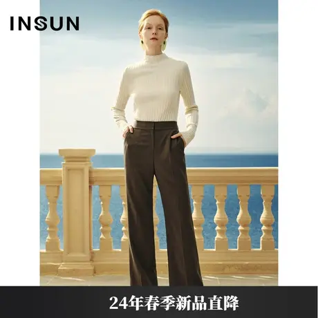 INSUN恩裳线上专选2024春款时尚罗纹半高领纯羊毛针织衫商品大图