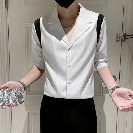 短袖男装夏季七分袖衬衫潮流古巴领个性拼色衬衣痞帅男士百搭中袖商品大图