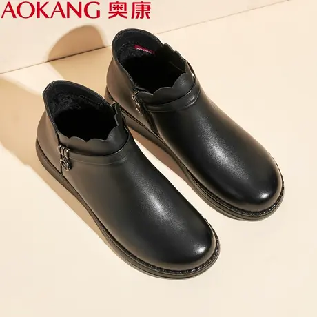 奥康皮鞋冬季真皮坡跟短靴保暖棉鞋加绒舒适妈妈皮靴平底女鞋女靴商品大图