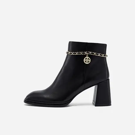 Nine West/玖熙2023年冬季新款高跟短靴女方头羊皮时尚链条粗跟靴商品大图