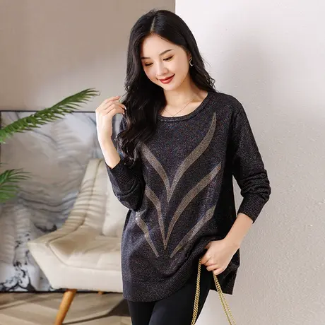 2023年早秋季新款女装时尚大码毛衣胖mm百搭宽松中长款针织打底衫商品大图