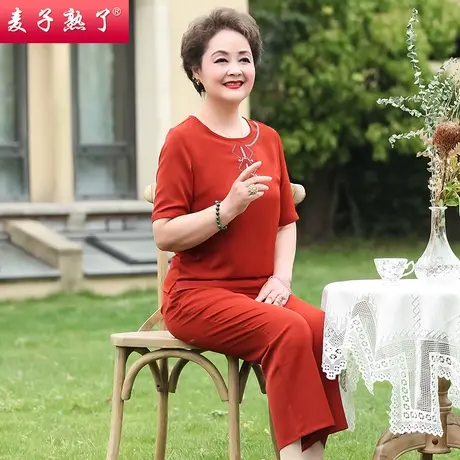 妈妈夏装雪纺两件套装洋气春夏新款短袖T恤上衣裤子中老年人女装图片