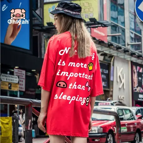 Ohlyah品牌欧货大板t恤女装短袖红色潮印花字母上衣圆领半袖大码商品大图