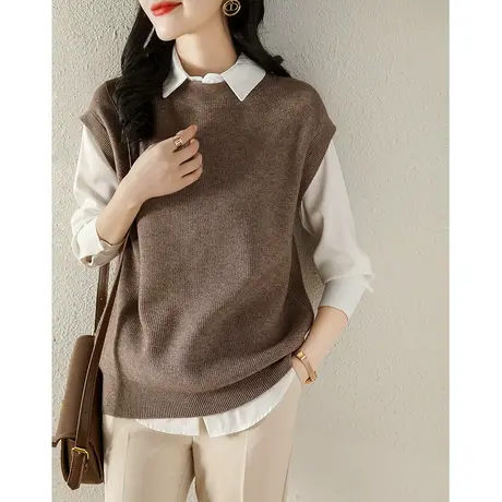 2023新款秋装纯色百搭宽松圆领背心针织马甲女士毛衣马夹无袖上衣图片