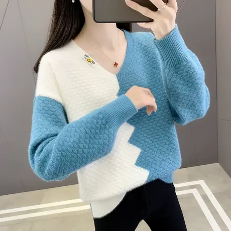 水晶绒毛衣女秋冬新款韩版宽松外穿套头V领内搭长袖针织打底衫女商品大图