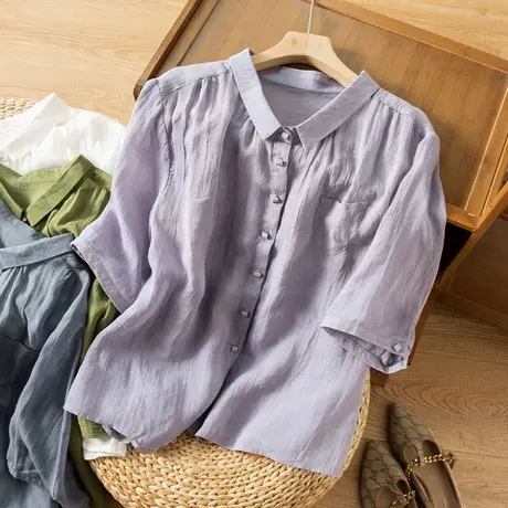 享永子短袖苎麻上衣女文艺复古宽松显瘦棉麻衬衫薄款2023春夏新款图片