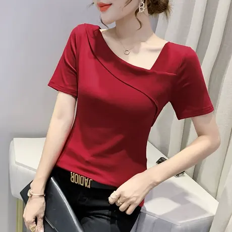 女装2023新款潮性感露锁骨斜领T恤女短袖夏小心机洋气上衣半袖ins商品大图