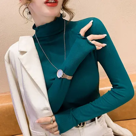 半高领磨毛打底衫女内搭秋冬气质木耳边上衣纯色加厚显瘦长袖T恤图片