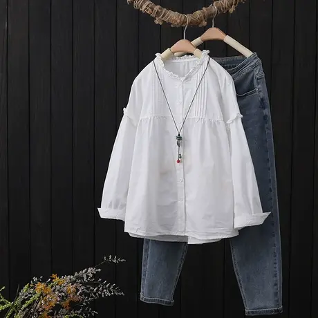 褶皱木耳边白色衬衫女装2023春季新款宽松设计感小众长袖纯棉衬衣商品大图