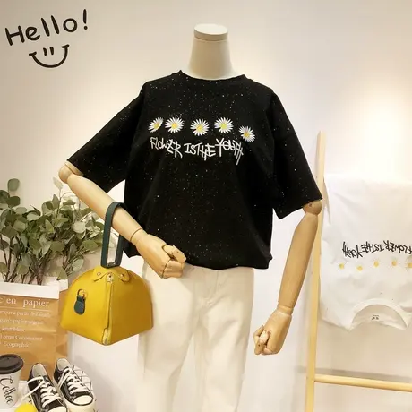 2020夏新款韩国东大门ins超火港风潮小雏菊刺绣短袖T恤打底衫大码商品大图